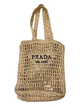 Prada Milano Raffia Crochet Tote Bag Natural Tan Woven Beach Bag